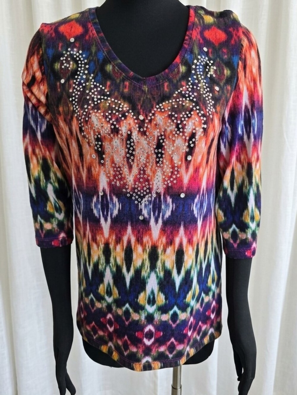Onque Casuals Multicolor Ikat-Print V-Neck Long Sleeve Top with Rhinestones
